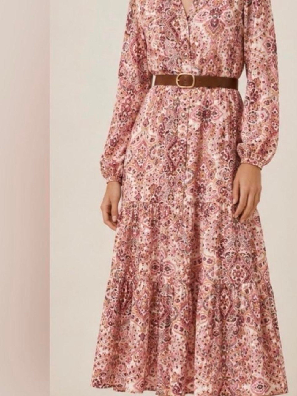 Pink Paisley Tiered Long Sleeve Maxi Dress